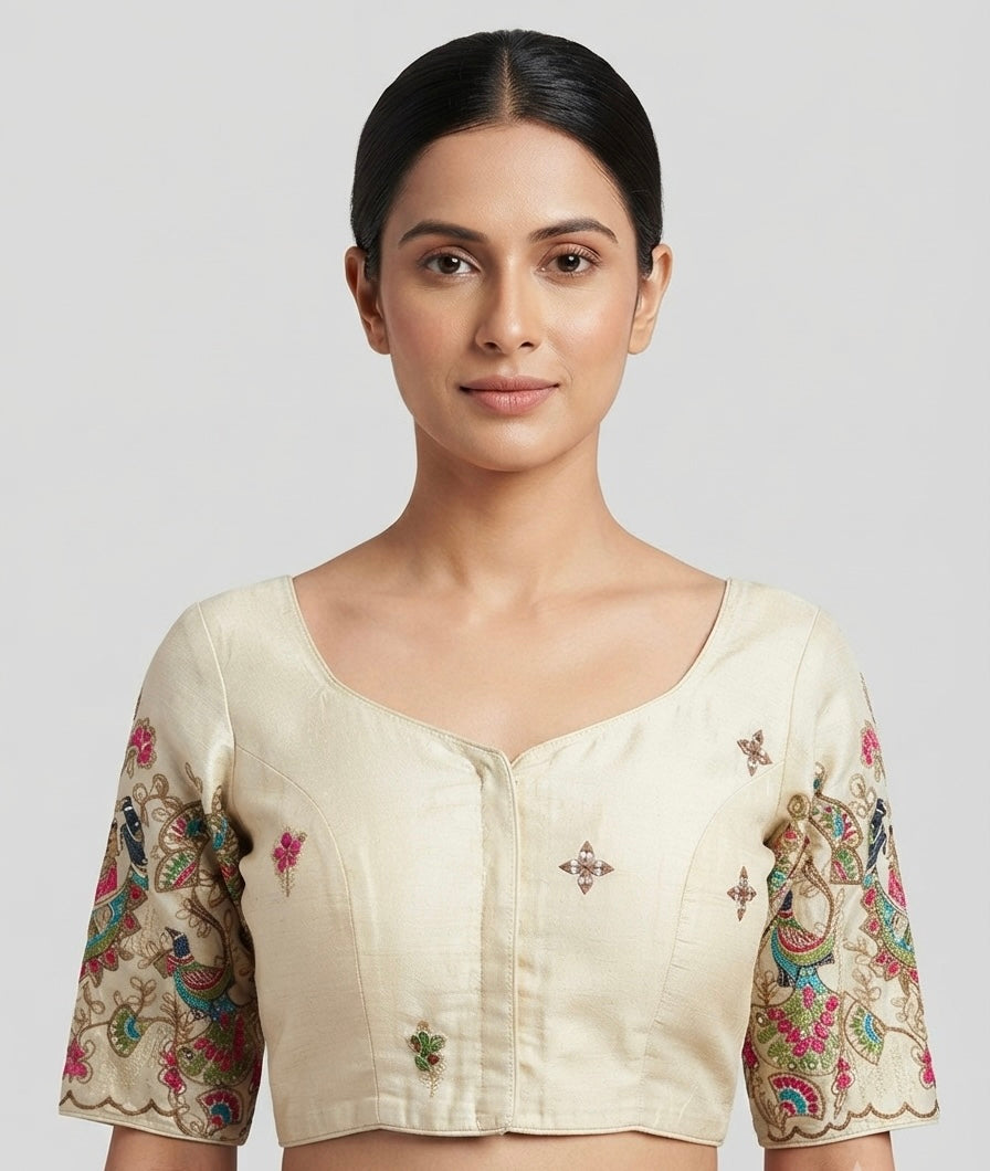 Tissue peacock 🦚 mirror hand work Blouse 👚 with sleeves