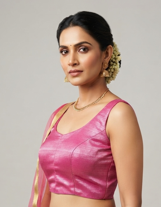 Pink/Magenta Slub/Plain Sleeveless Readymade Blouse