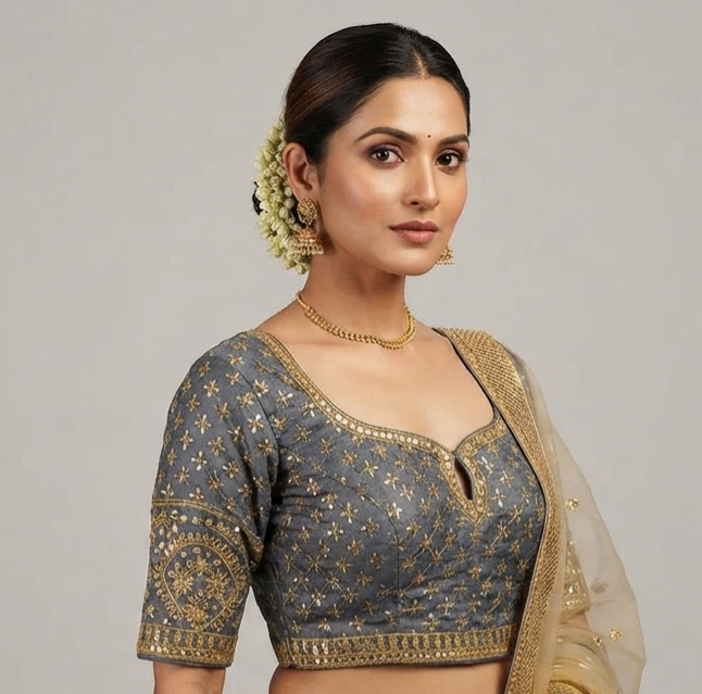 Designer Grey Floral & Star Embroidered Blouse