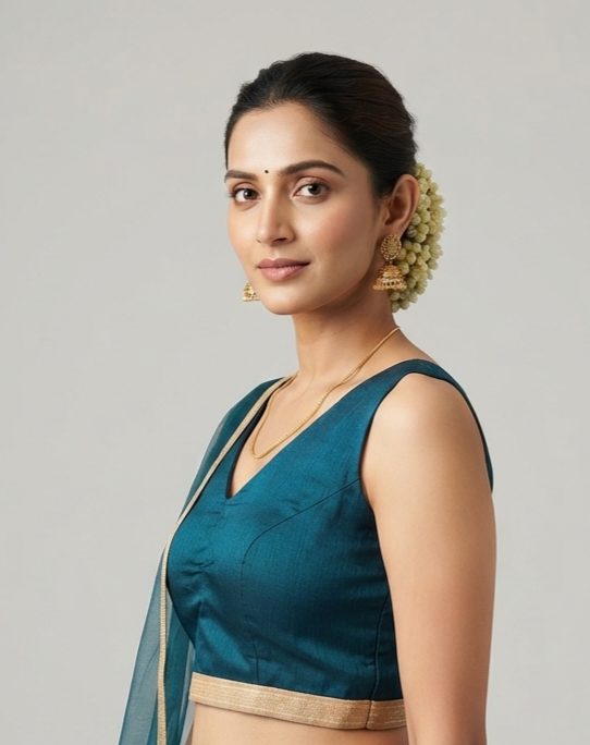 Peacock Blue Slub Fabric V-Neck Party Blouse