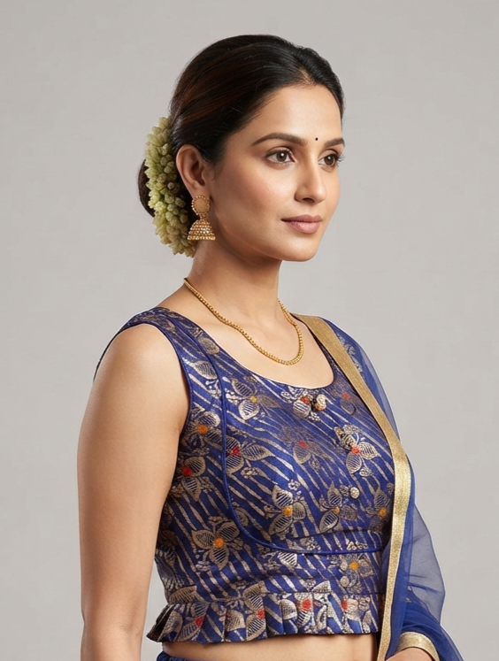 Royal Blue Brocade Peplum/Ruffle Hem Readymade Blouse