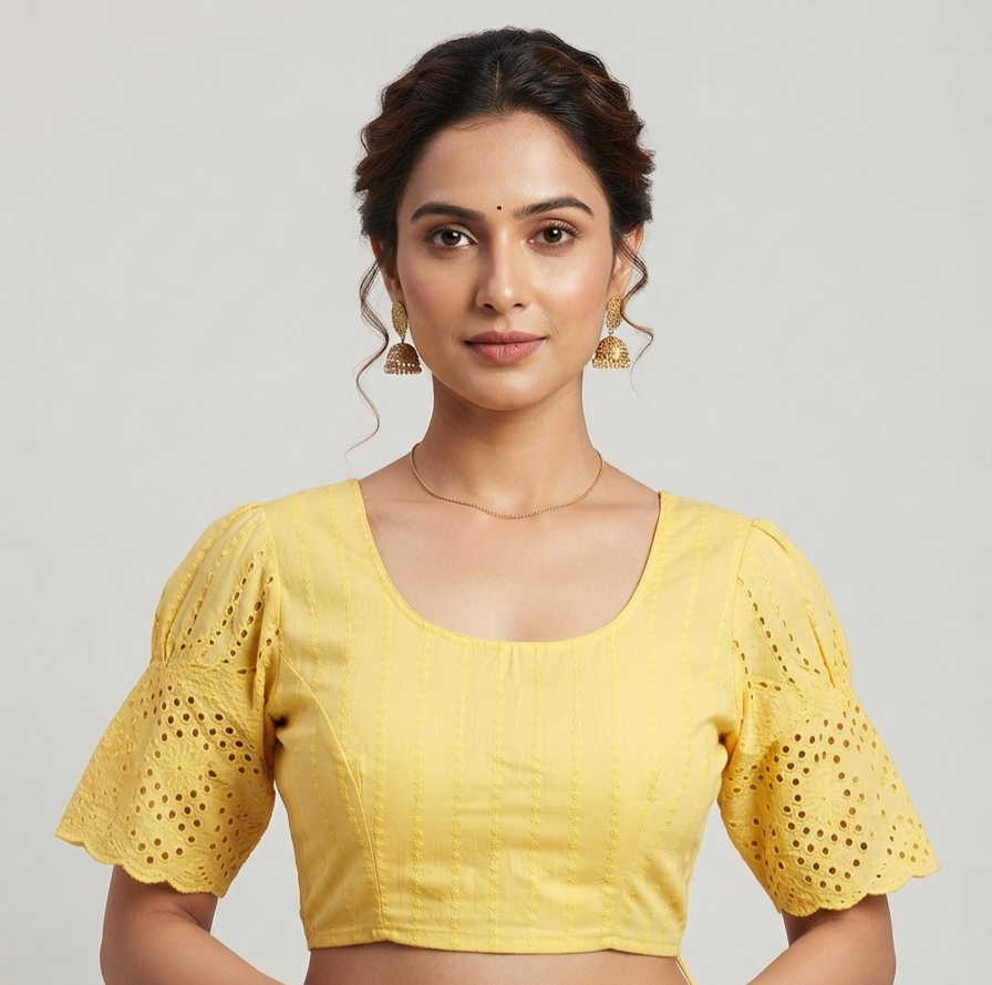 Yellow Eyelet Puff-Sleeve Blouse
