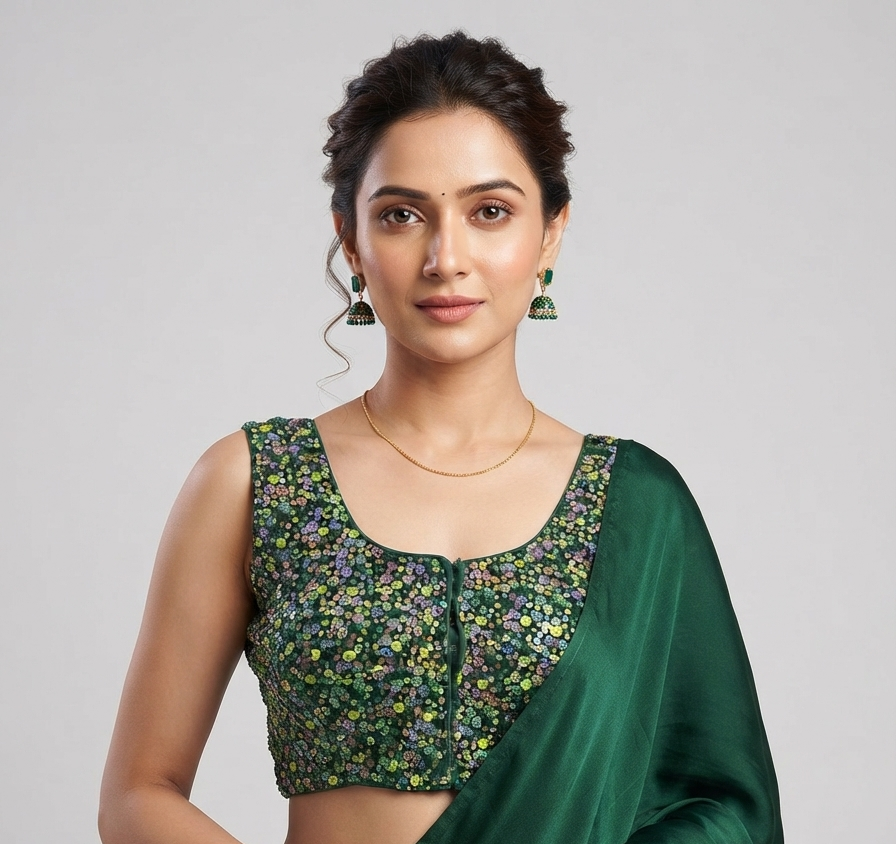 Bottle Green Floral Sequin Sleeveless Blouse
