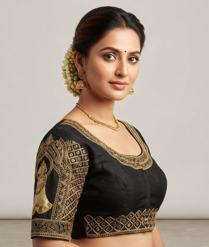 Black Ethnic Party Wear Blouse with Gold Border