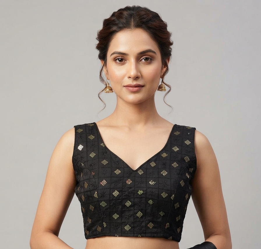 Black Sequin Checkered V-Neck Sleeveless Blouse