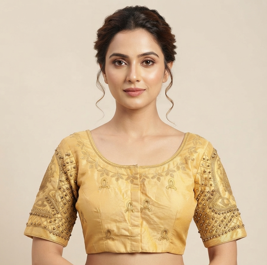 Gold / Mustard Silk Front-Open Embroidered Blouse